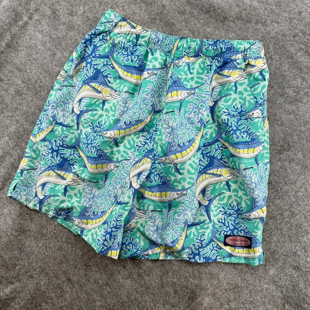 Vineyard Vines Swim Trunks Mens Small Marlin Coral Blue Green Board‎ Shorts